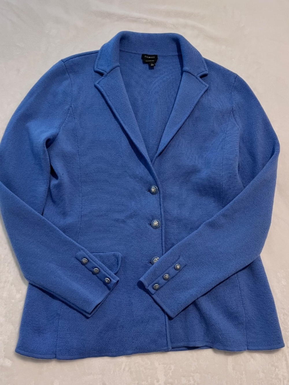 Pure Merino Wool Talbots Sweater Blazer Jacket Blue Size Large Button Front